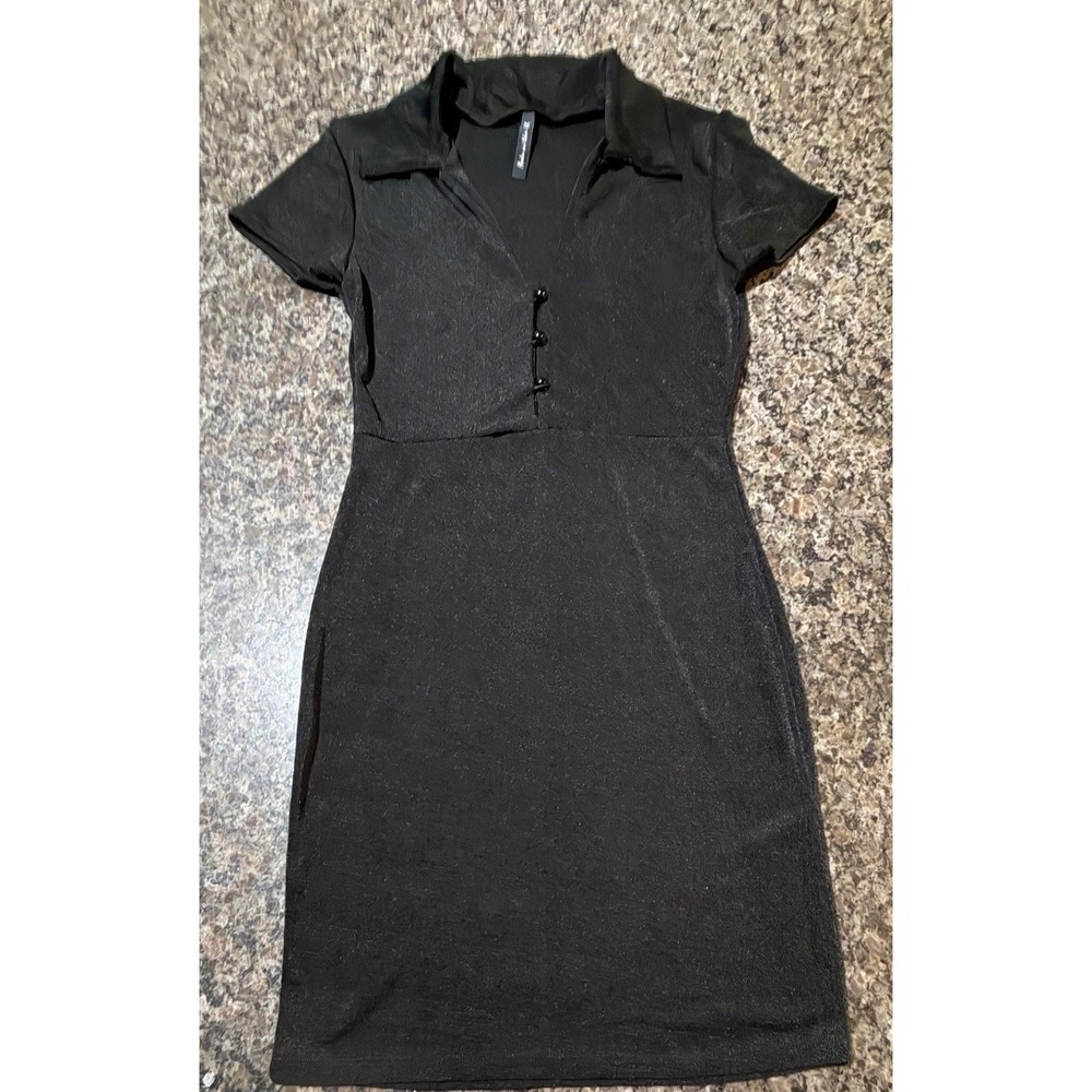 AsYou Womens Black Shimmer Bodycon Mini Dress Polo Collar V-Neck Size US 4